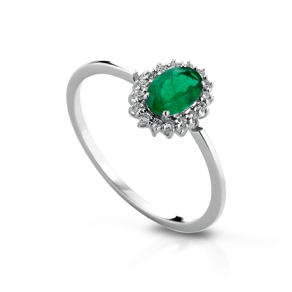 Anello con smeraldo 0,42ct e contorno di diamanti 0,08ct - LELUNE