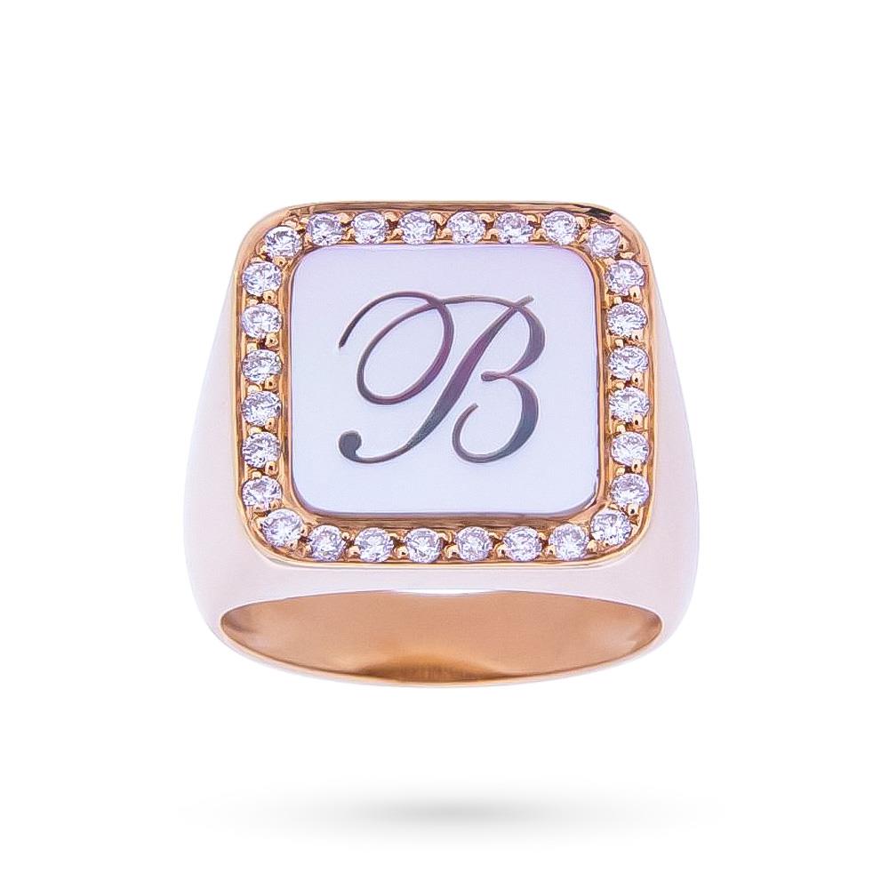 18kt rose gold chevalier ring with B letter on mother of pearl and diamonds - ORO TREND