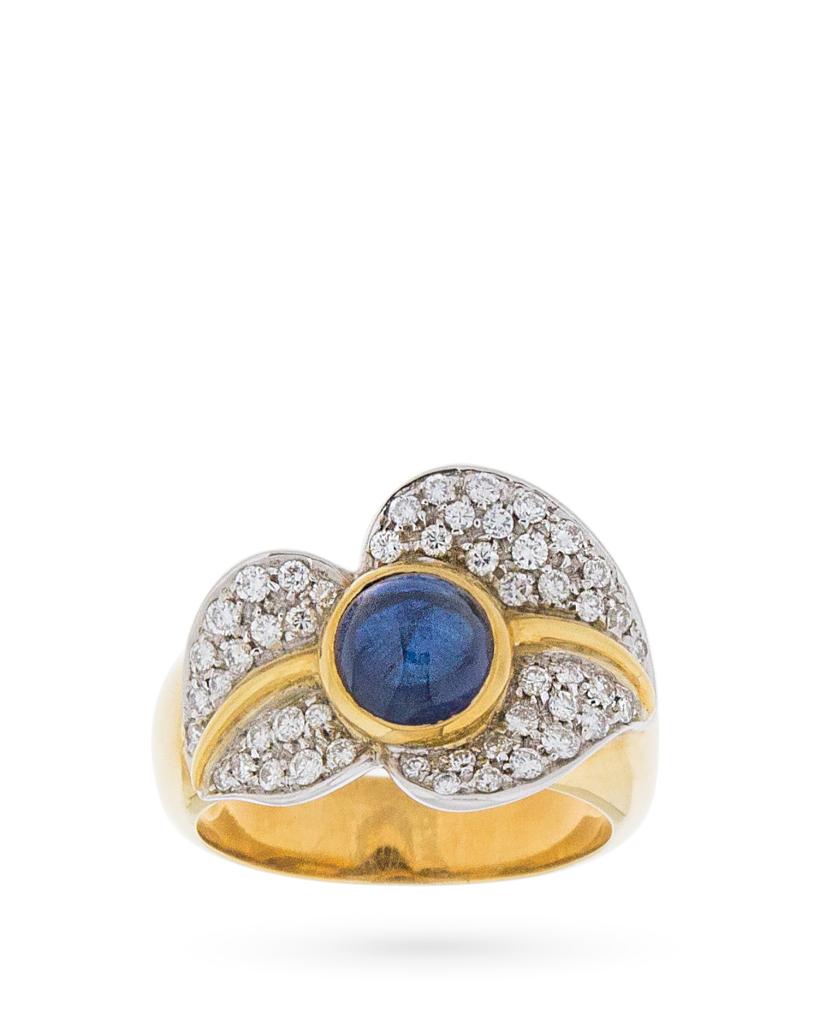 Anello in oro giallo con foglia di diamanti e zaffiro blu cabochon - LUSSO ITALIANO