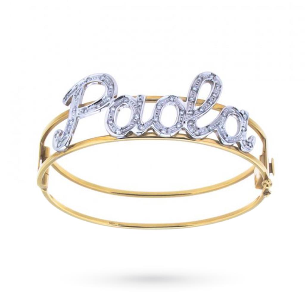 Rigid bracelet name Paola yellow gold white diamonds 0.47ct - CICALA
