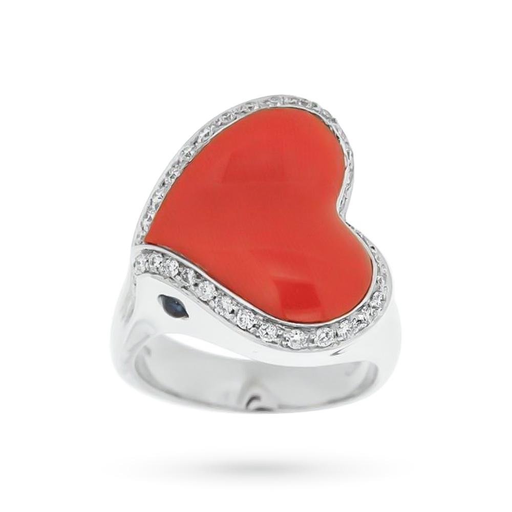 Red coral heart ring, diamond outline and blue sapphire - ORO TREND