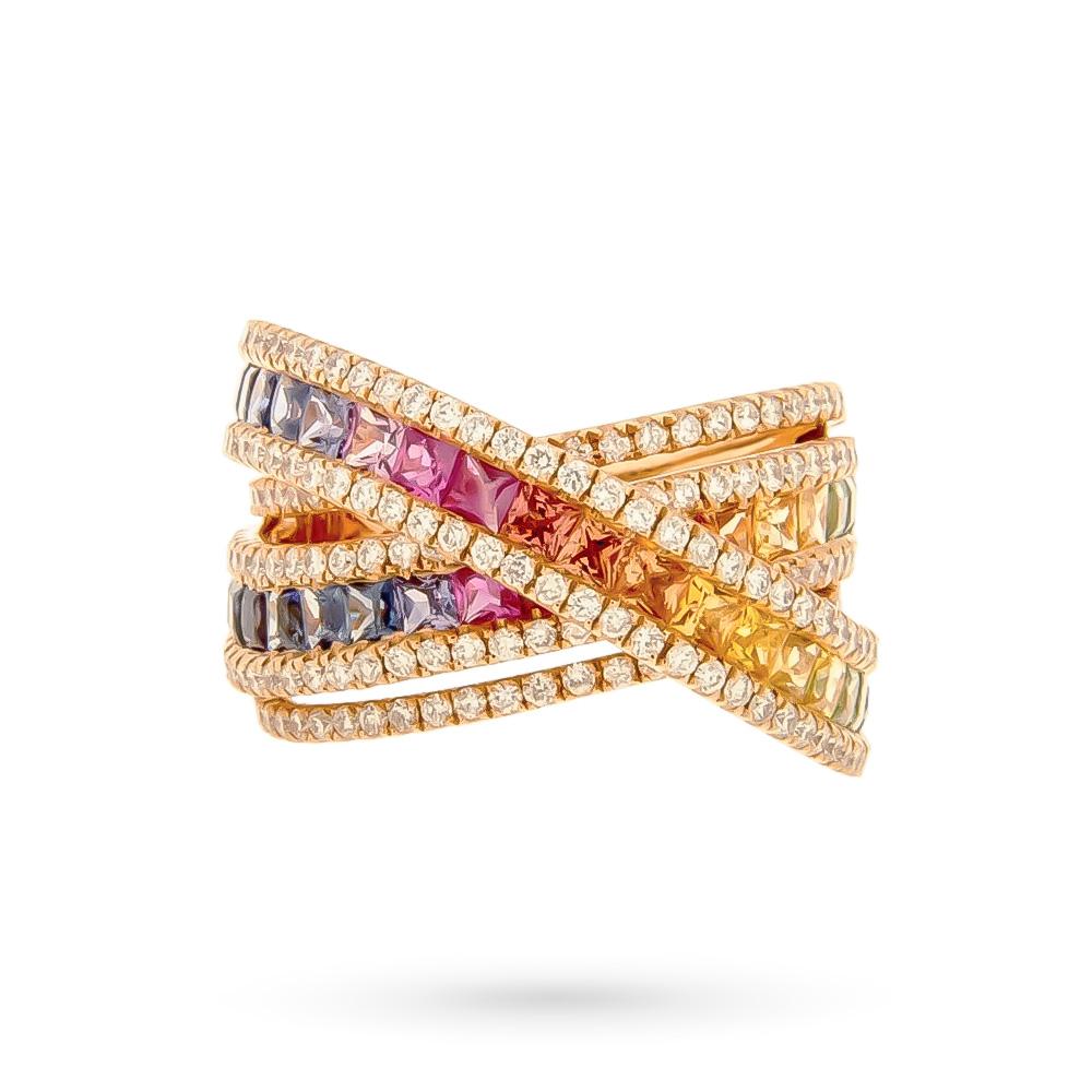 Anello oro rosa fascia zaffiri arcobaleno 2,37ct diamanti 1,18ct - CICALA