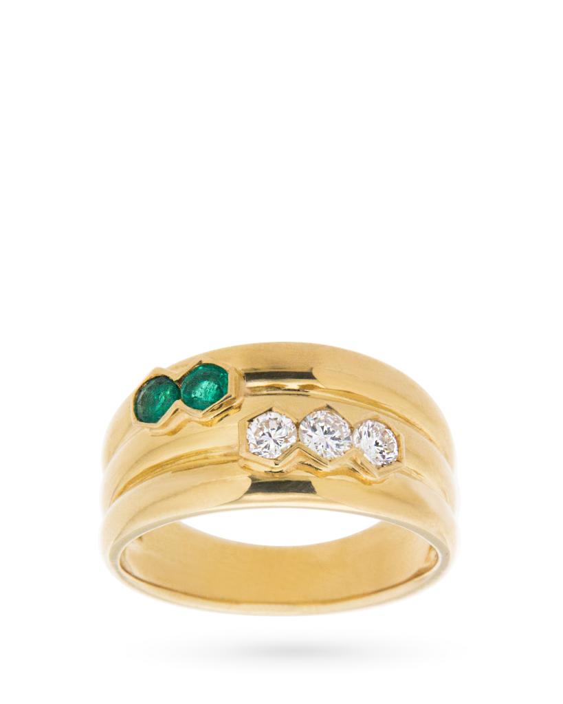 Anello a fascia in oro con 3 diamanti e 2 smeraldi - LUSSO ITALIANO