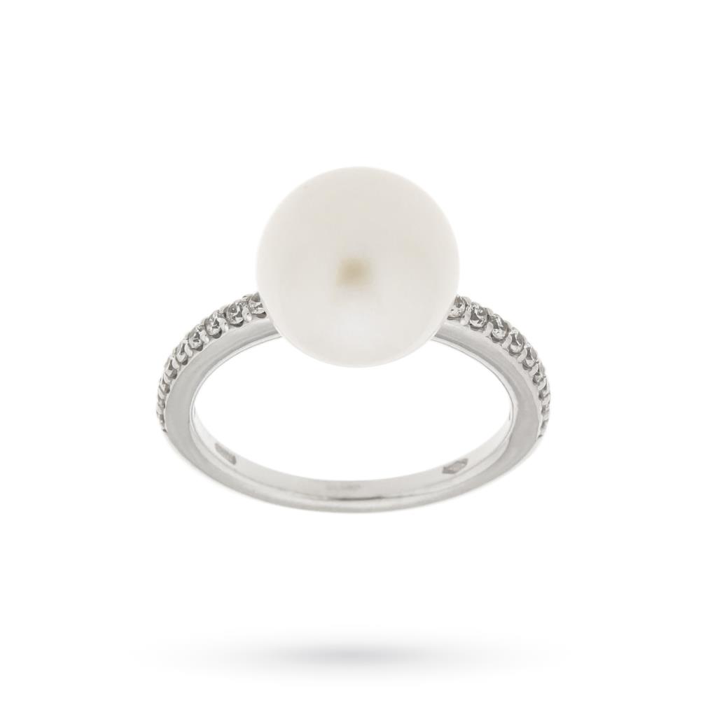 Anello oro bianco 18kt perla centrale pietre bianche - LUSSO ITALIANO