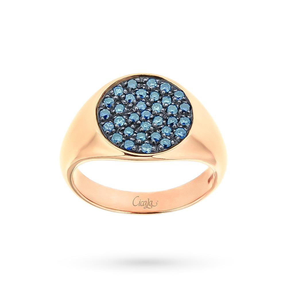 18kt rose gold round chevalier ring with blue diamonds 0,33ct - ORO TREND