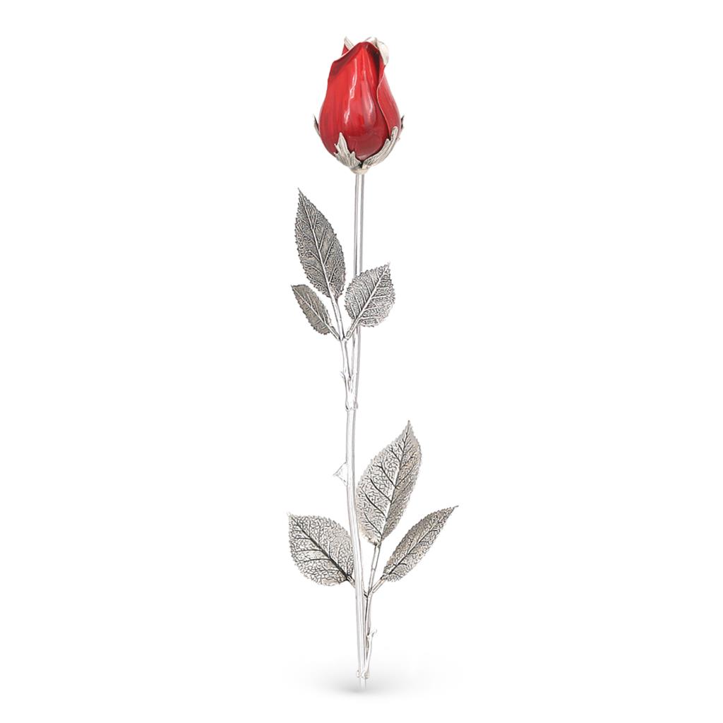 Red rosebud ornament in sterling silver and enamel 48cm - GI.RO’ART