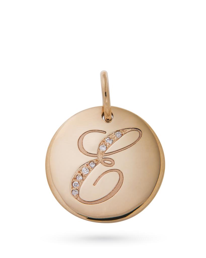 18kt rose gold round charm with E letter of diamonds - ORO TREND