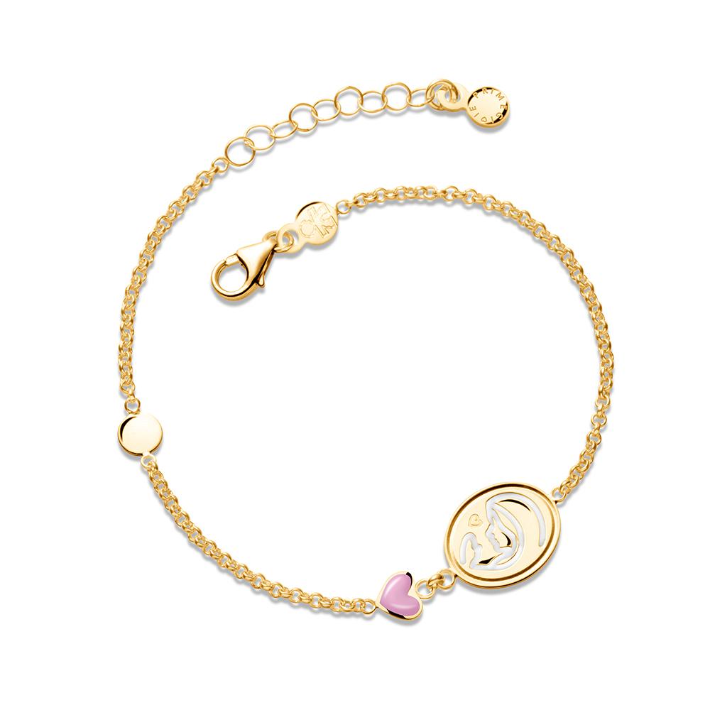 9kt yellow gold bracelet with Mather of God charm and enameled heart - LE BEBE