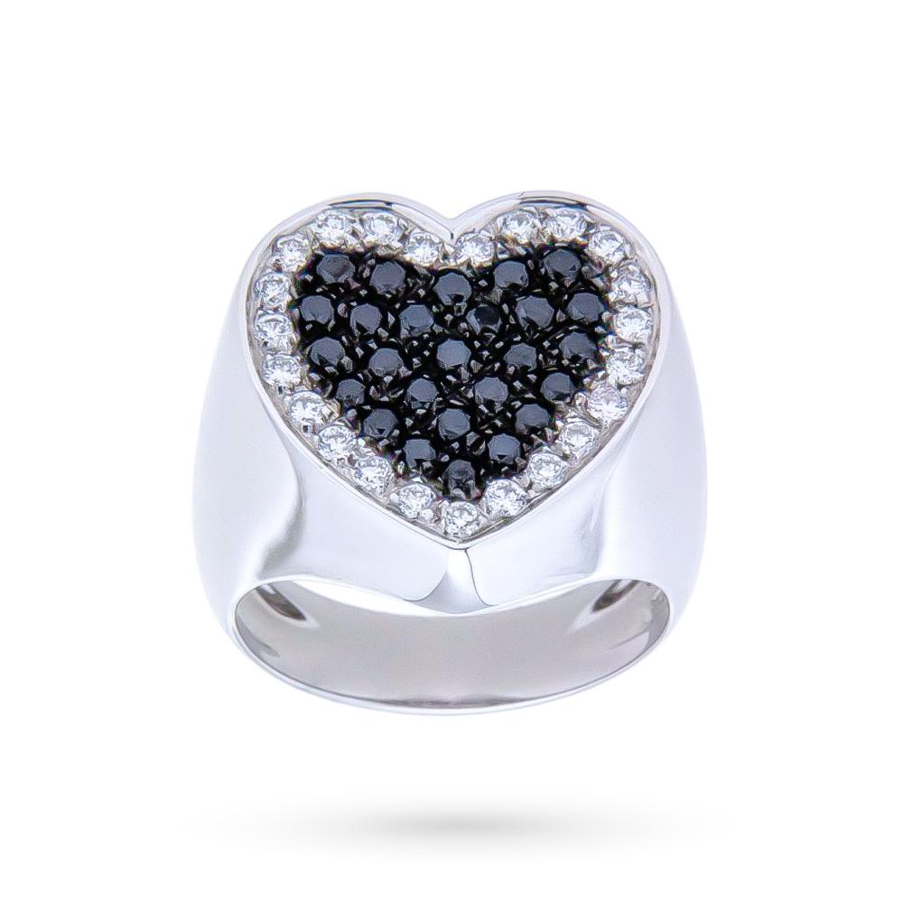 18kt white gold chevalier ring with heart of white and black diamonds - ORO TREND
