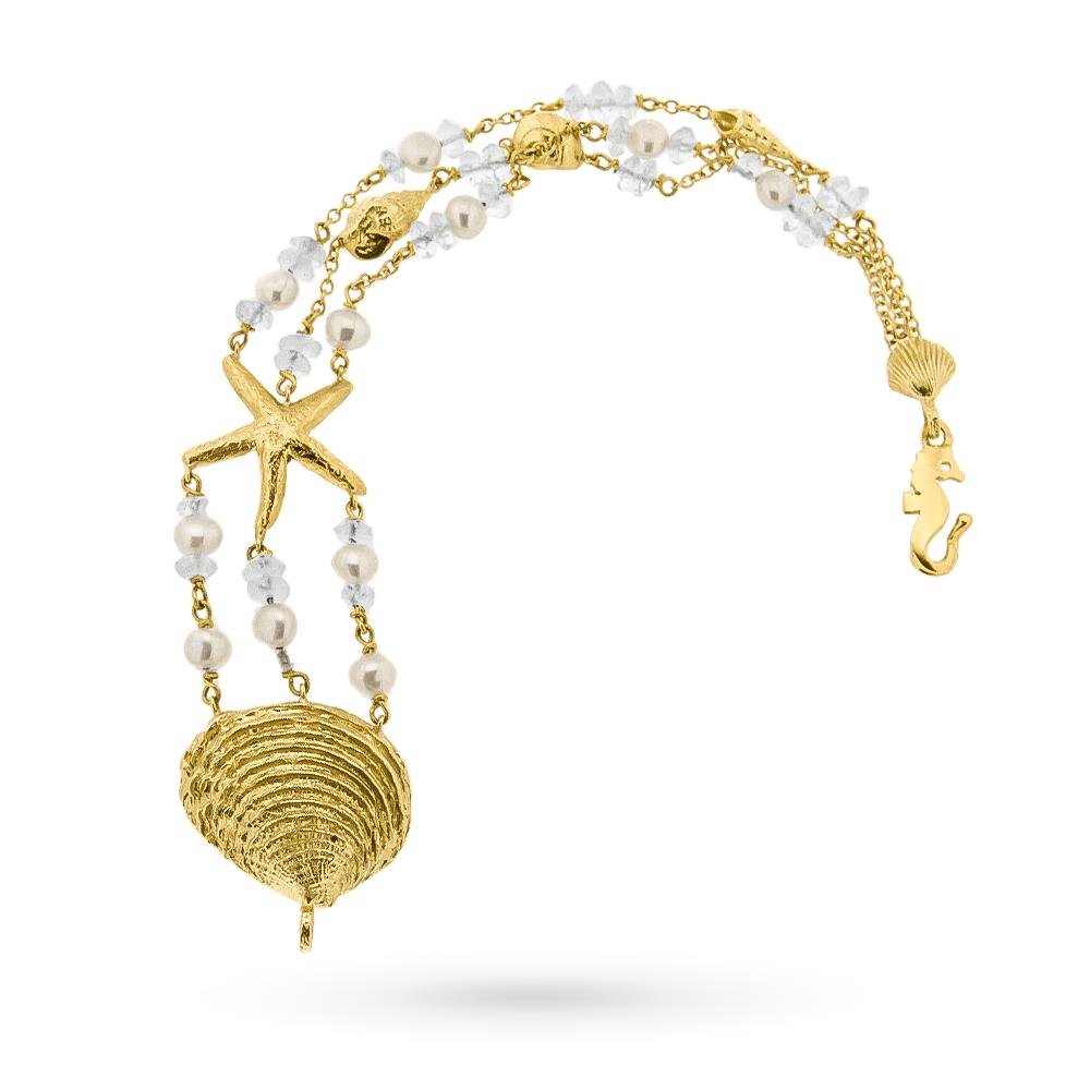 Bracciale conchiglie oro giallo acquamarine perle 17cm - LUSSO ITALIANO