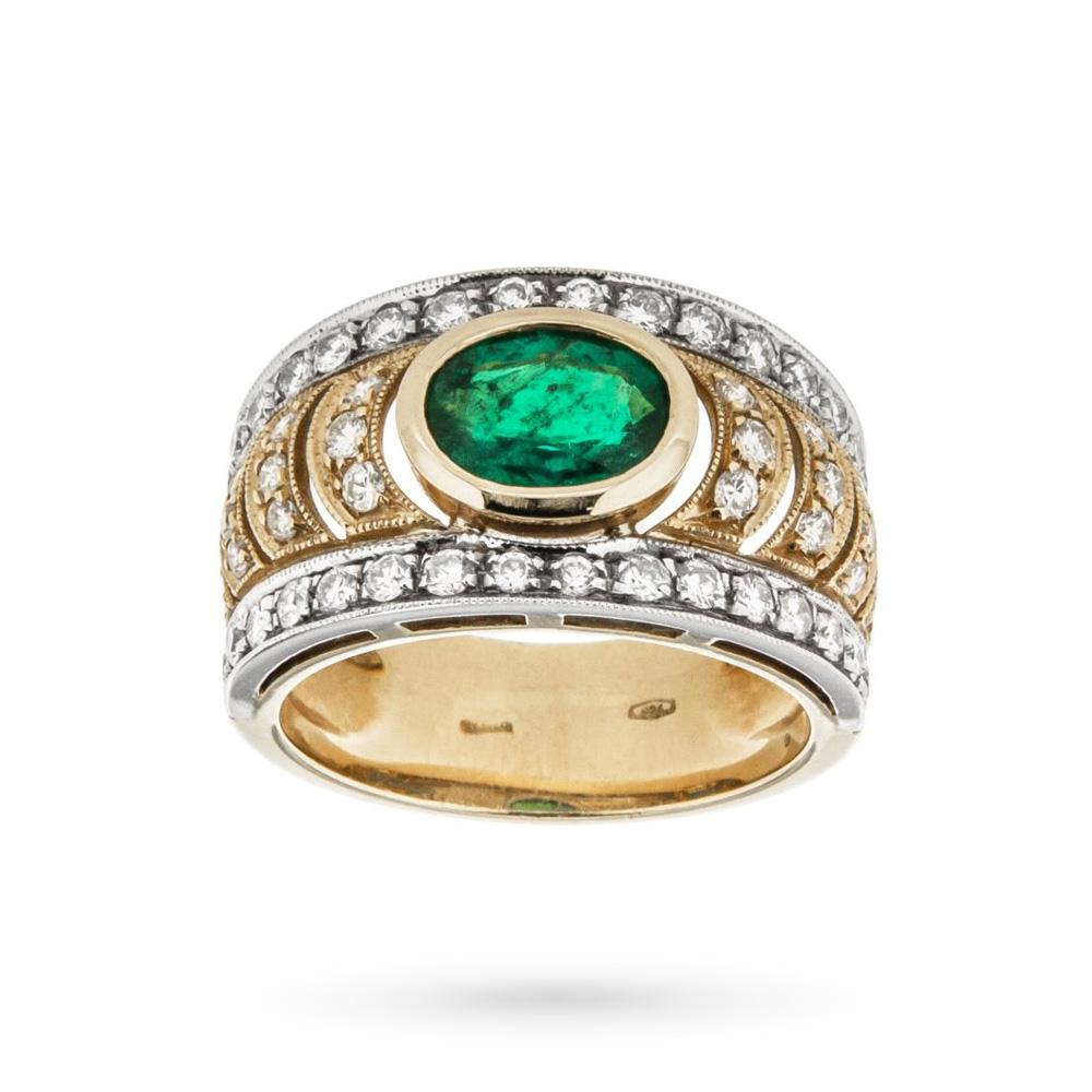 18kt yellow and white gold band ring with emerald and diamonds - CICALA