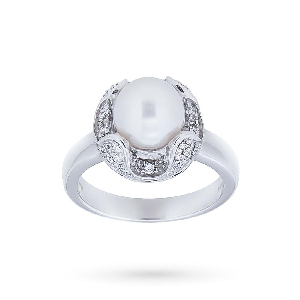 18kt white gold ring with akoya pearl and diamonds - SALVINI