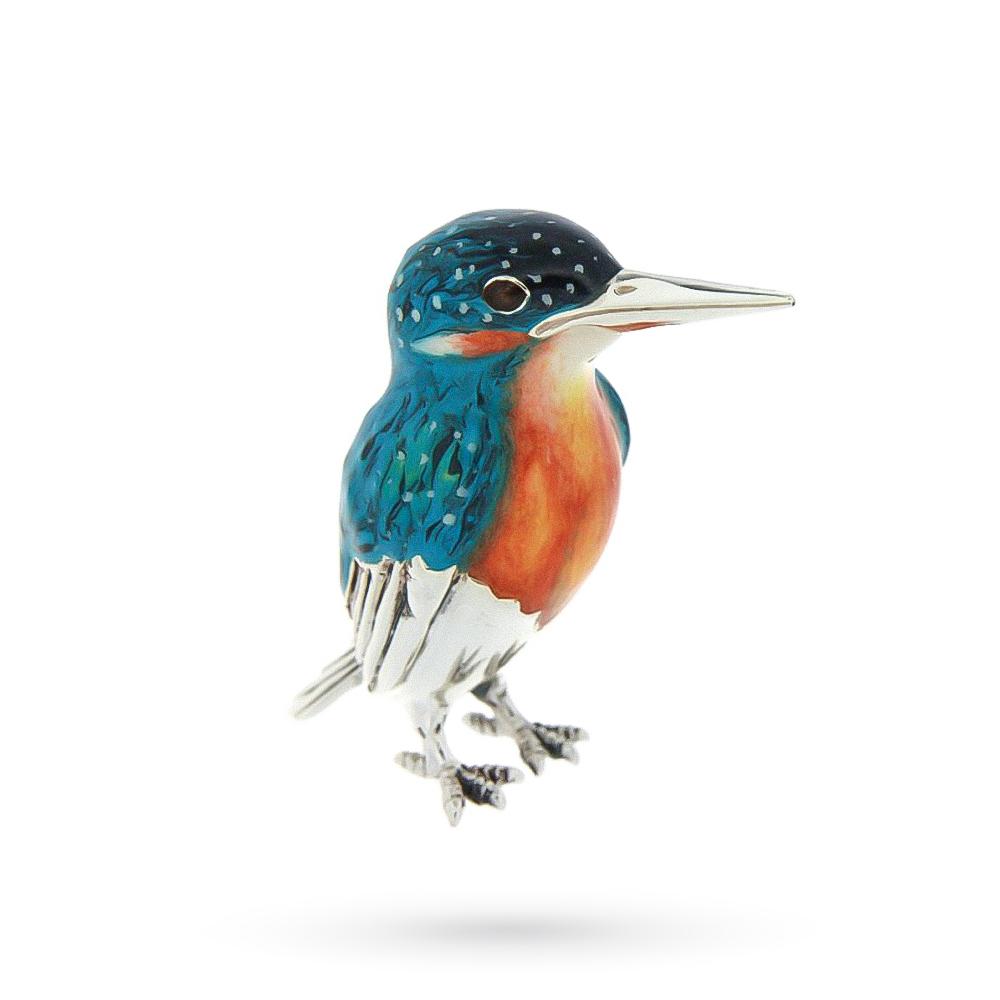 Kingfisher bird ornament in silver and enamel M size - SATURNO