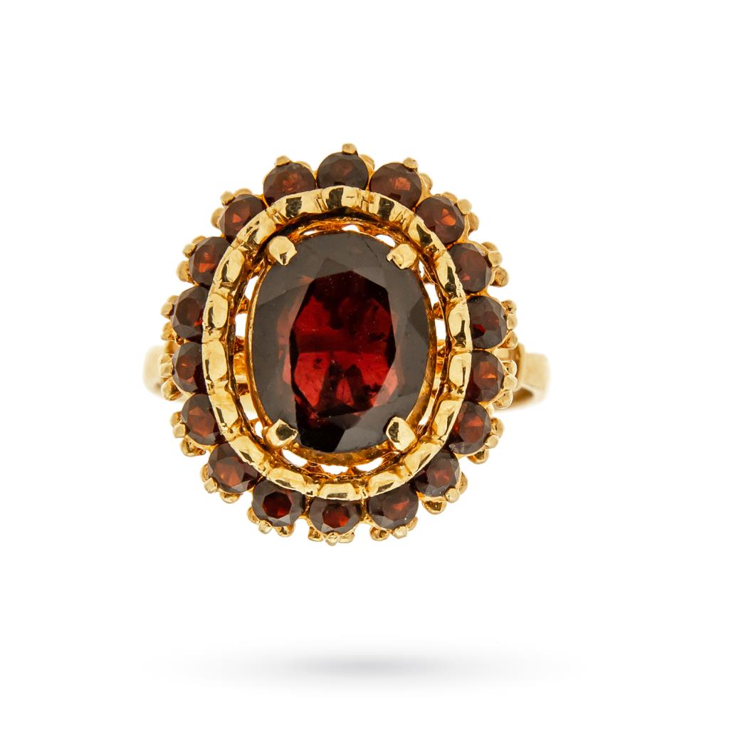  Anello vintage oro giallo con granati rossi - 