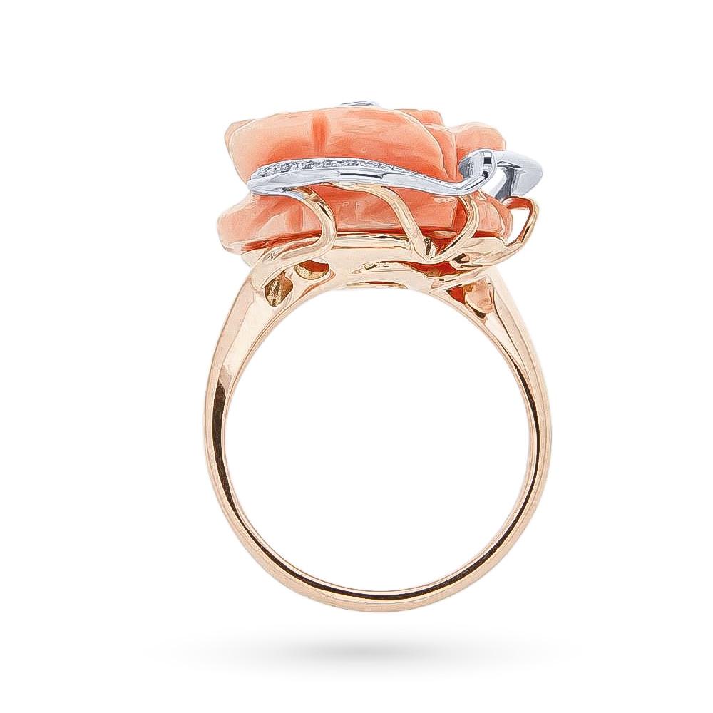  Gold ring with coral rose diamond leaves 0.10 ct - CICALA