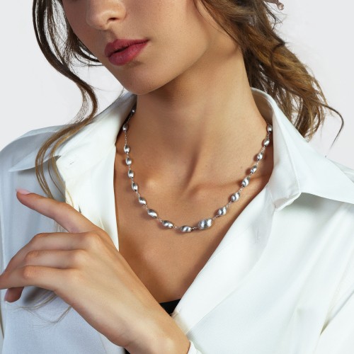  Silver necklace with thin chain and oval pearls - UNOAERRE