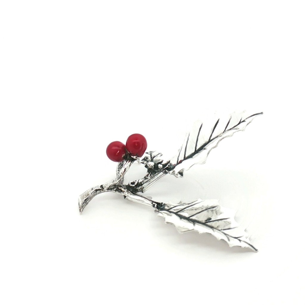 Agrifoglio&nbsp;Piccolo&nbsp;2&nbsp;Foglie Palline Smaltate Rosse Argento - SATURNO