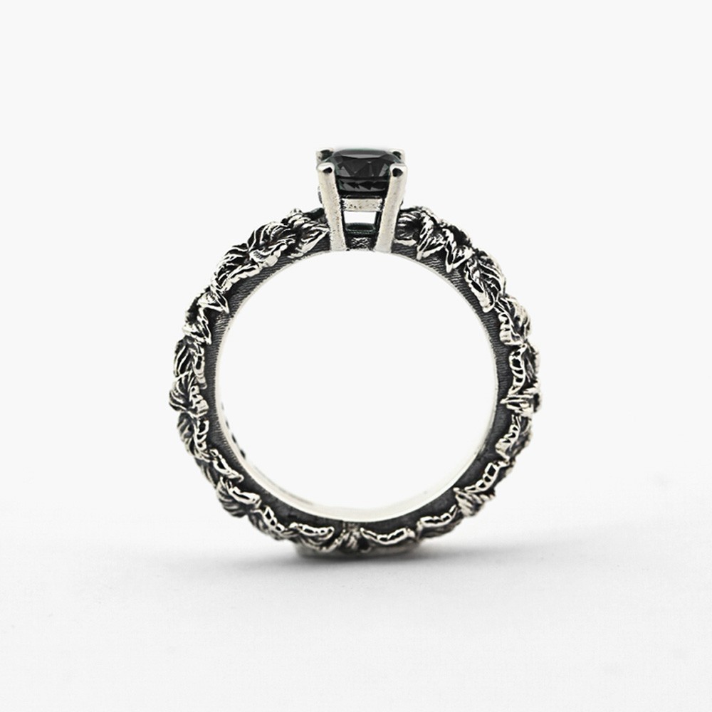  Fedina solitario foglie zircone nero argento brunito lucido Nove25 - NOVE25