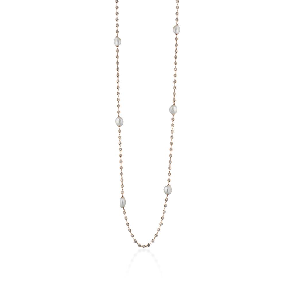 Collana argento dorato zirconi perle bianche 90cm - GLAMOUR
