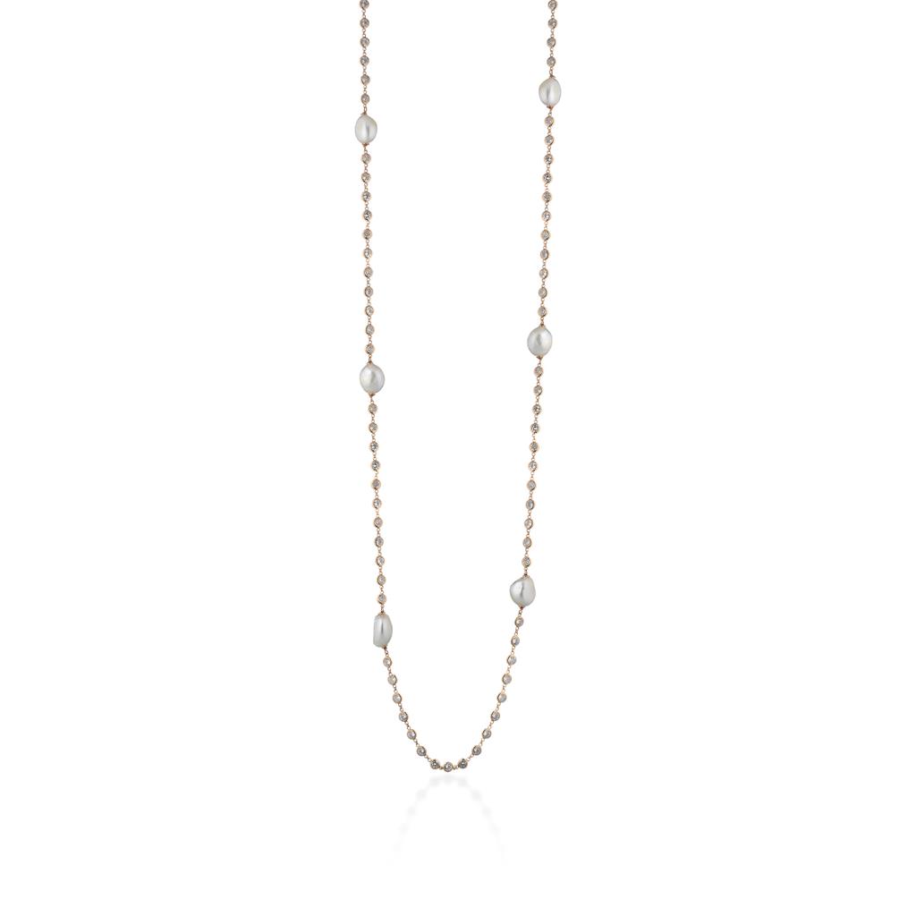 Golden silver necklace zircons white pearls 90cm - GLAMOUR