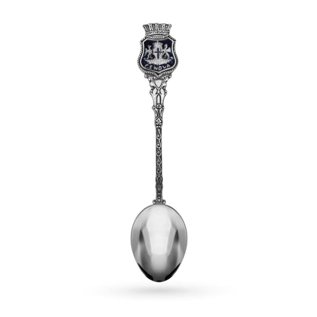 925 silver teaspoon with Genoa city emblem with blue enamel - CICALA