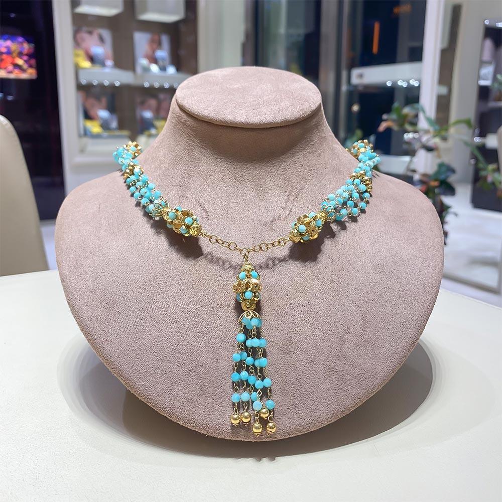  Necklace with threads of azuregems and a hanging tuft in golden silver - GOLDEN CORALS