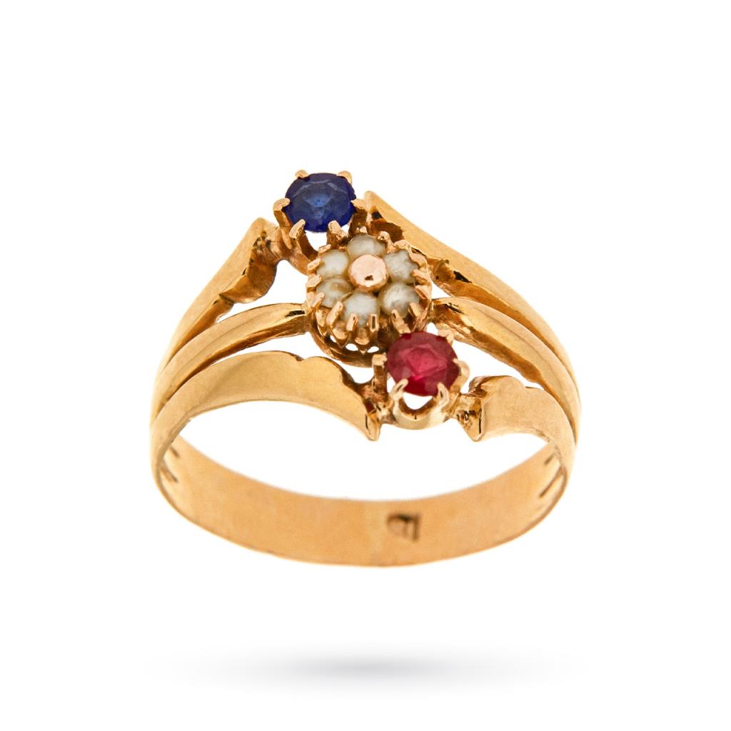 Anello vintage oro rosa gemma rossa, blu e perle - 