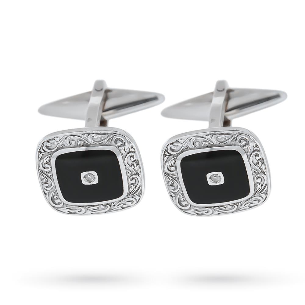 Gemelli quadrati oro bianco smalto nero diamanti - ANTORÀ