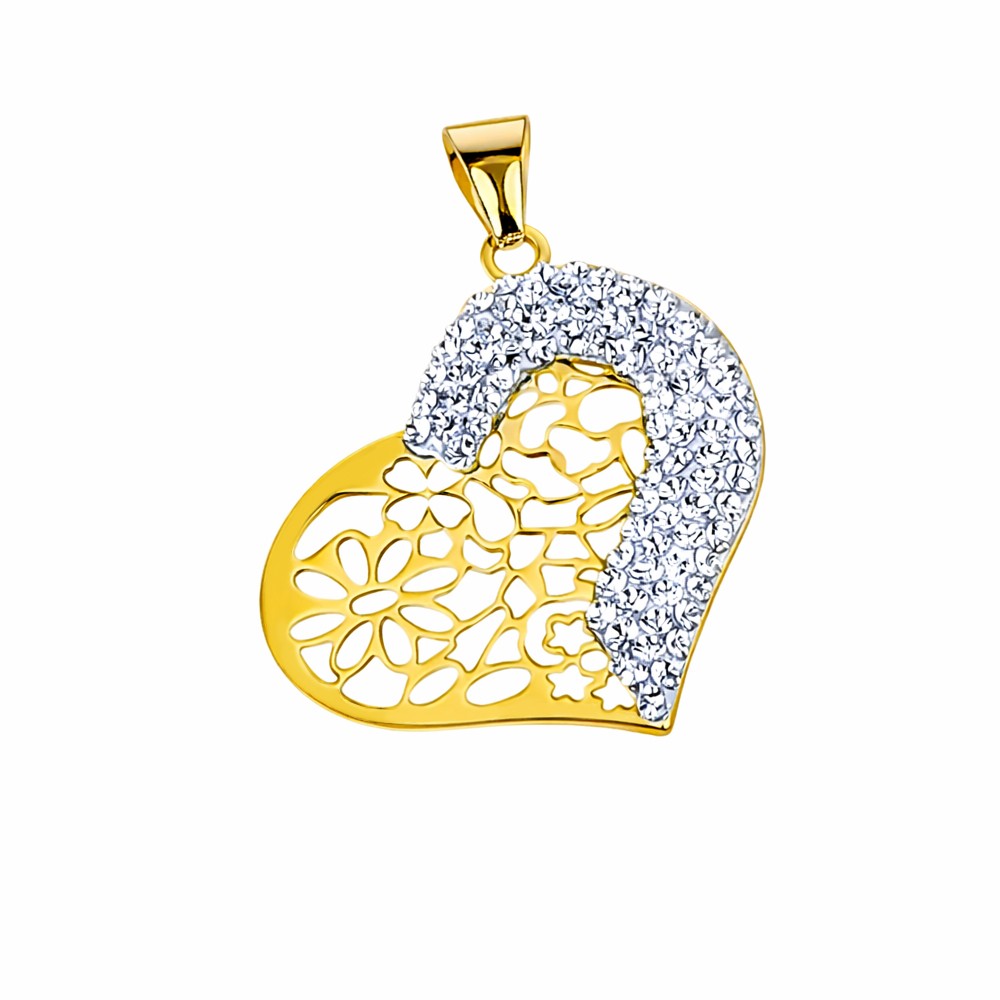 Ciondolo cuore in oro gialo traforato e bianco con zirconi