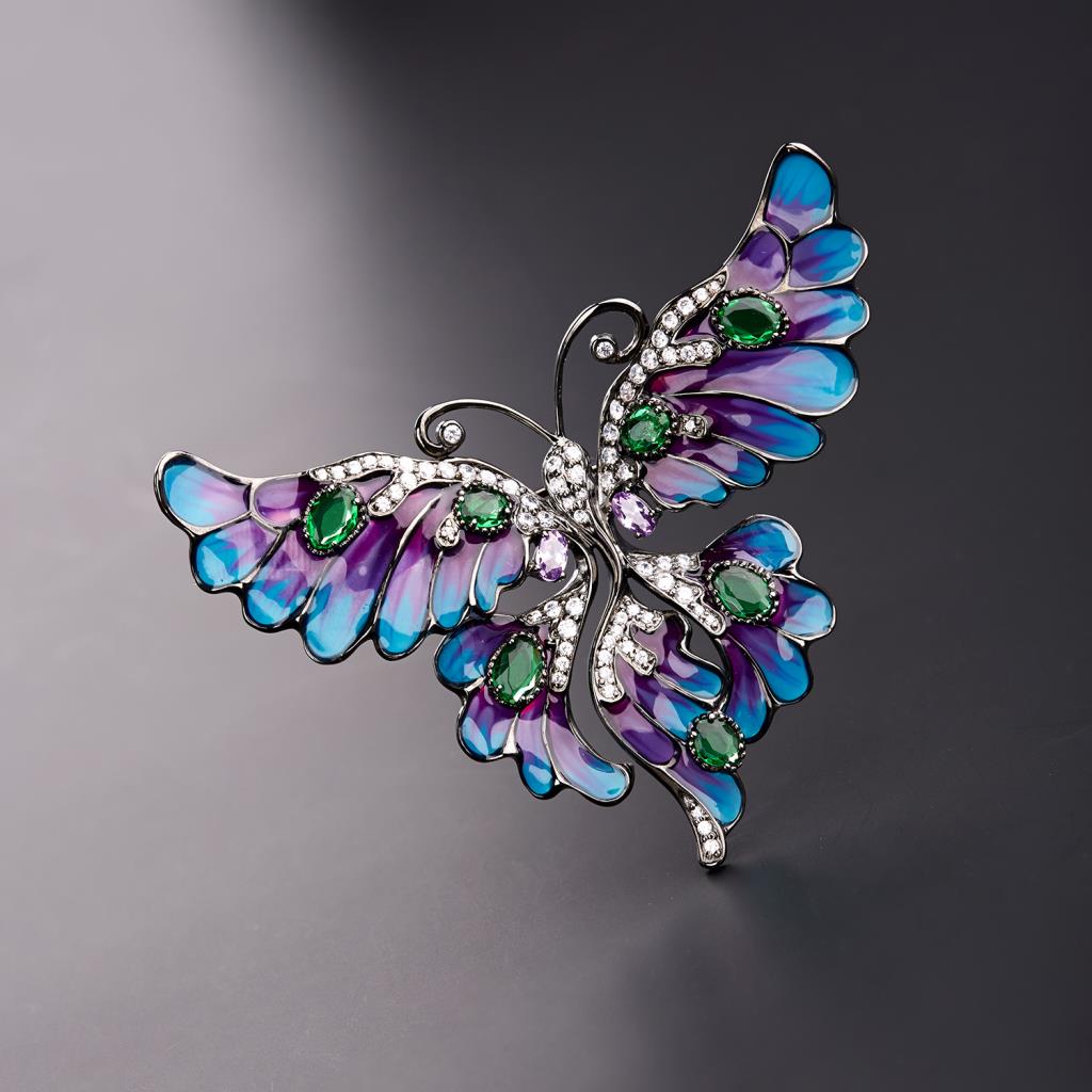  Big butterfly brooch pendant silver enamel zircons - CAMEO ITALIANO