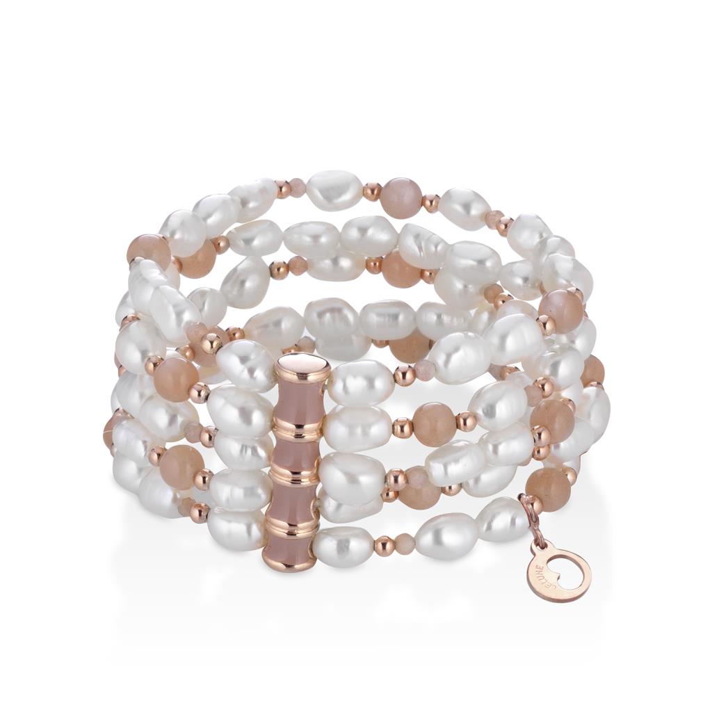 Elastic bracelet 5 strands agate, pearls, moonstone and powder enamel - LELUNE