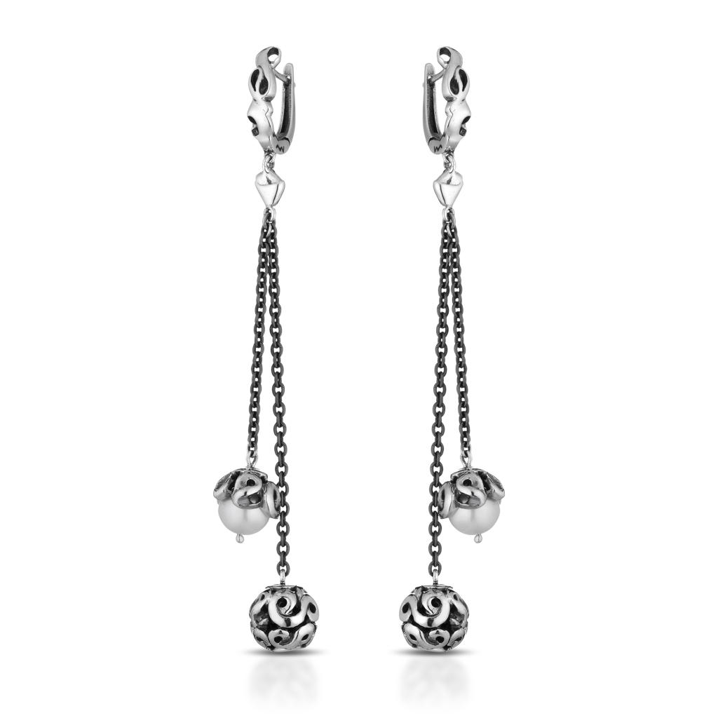 925 sterling silver pendant earrings 9cm embroidery and pearls - MARESCA OFFICINE ORAFE