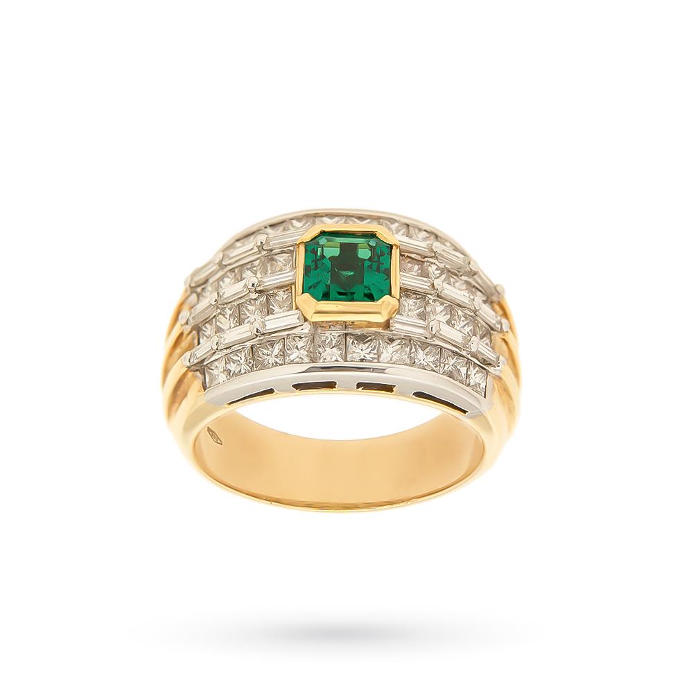 Anello oro smeraldo diamanti princess e baguette - GIORGIO VISCONTI