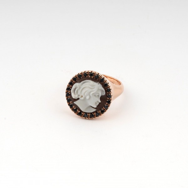 Anello Cameo Italiano chevalier in argento dorato con cammeo viso e brillantini
