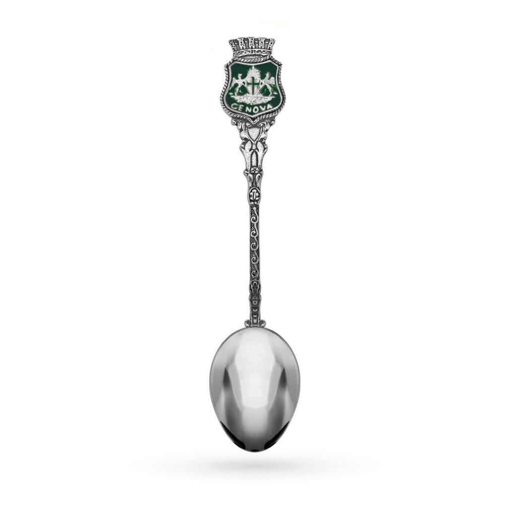 925 silver teaspoon with Genoa city emblem with green enamel - CICALA
