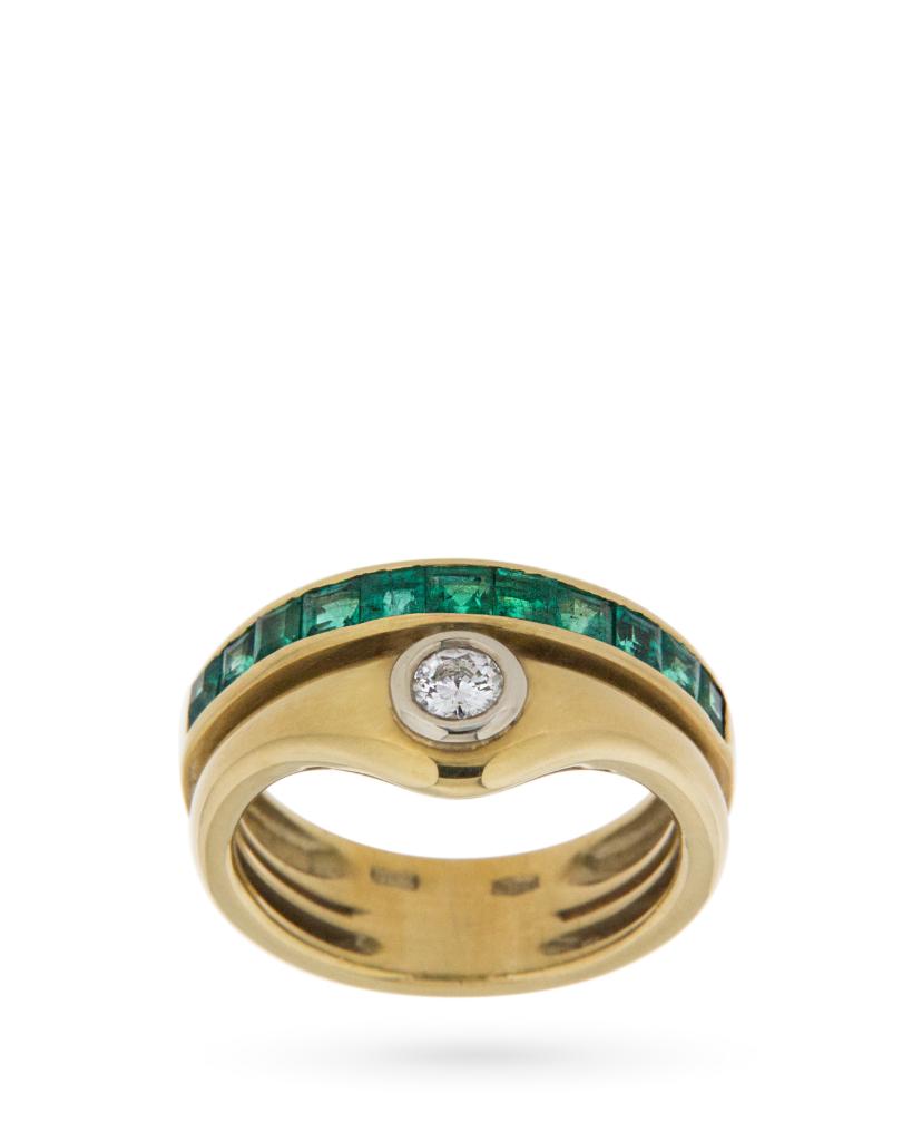 Anello a fascia in oro con diamante e linea di smeraldi - UNBRANDED