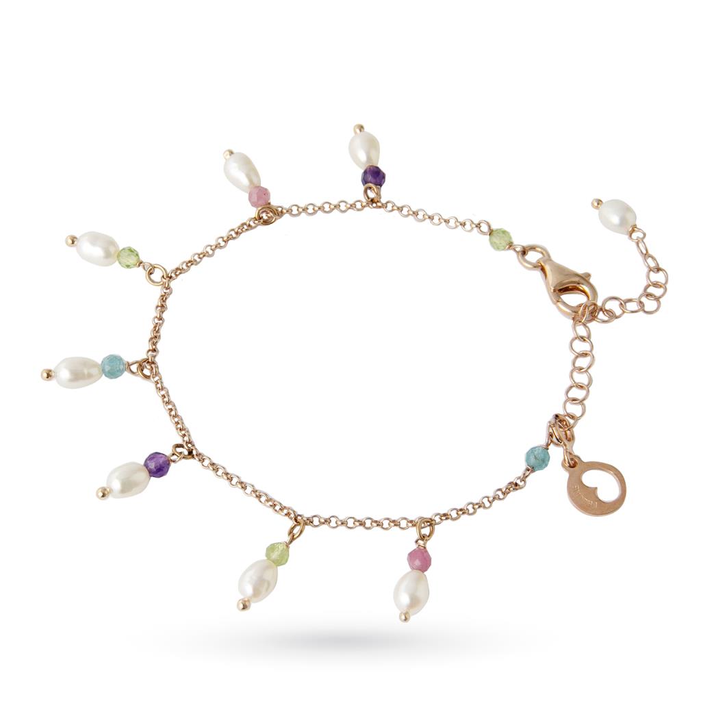 LeLune rose silver anklet with freshwater pearls and multicolor stones - GLAMOUR BY LELUNE