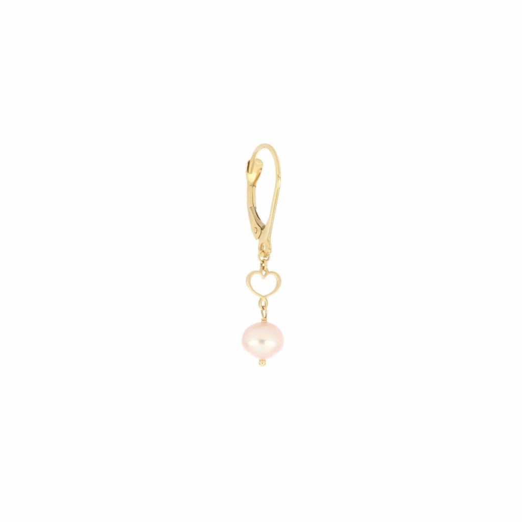 Orecchino monachella singolo Maman et Sophie oro giallo cuore traforato perla rosa 5,5 mm - MAMAN ET SOPHIE