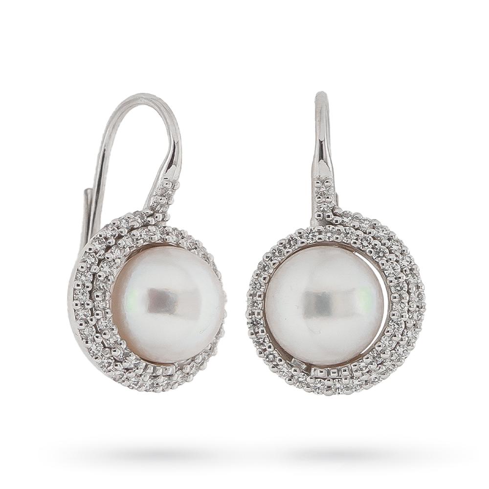  Orecchini oro bianco spirale diamanti 0,76ct perle Ø10mm  - CICALA