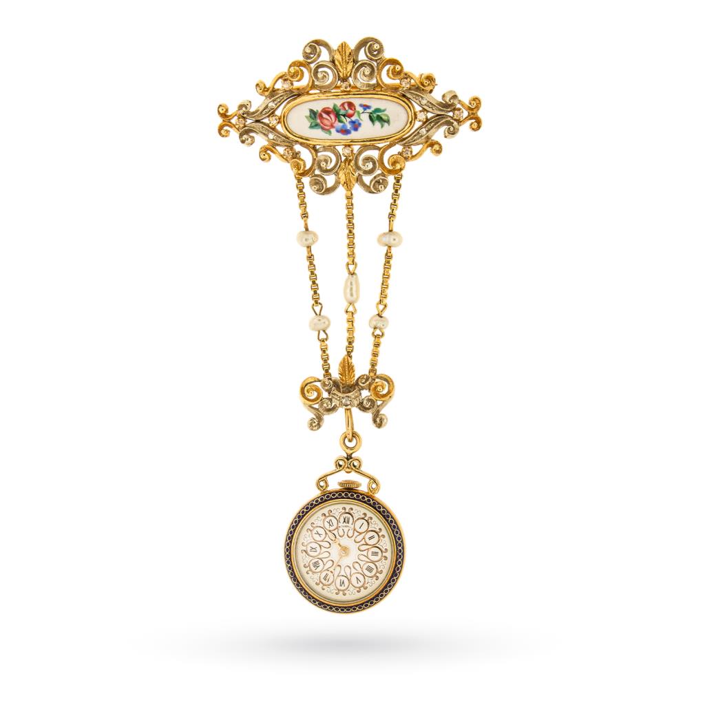 Spilla vintage oro con miniatura e orologio pendente - 