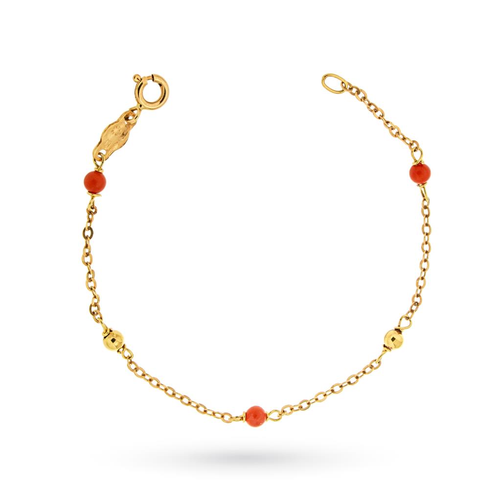 Bracciale neonato oro giallo 18kt 3 sfere corallo rosso - 