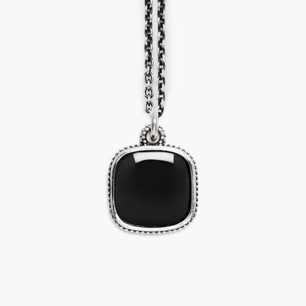 Necklace with square black stone pendant in burnished 925 silver - NOVE25