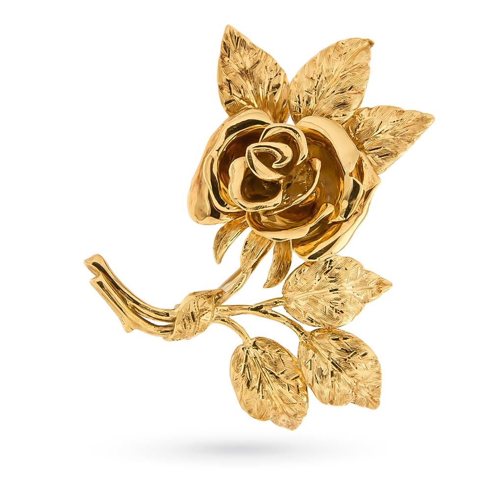 Rose brooch engraved leaves 18kt yellow gold - UNBRANDED