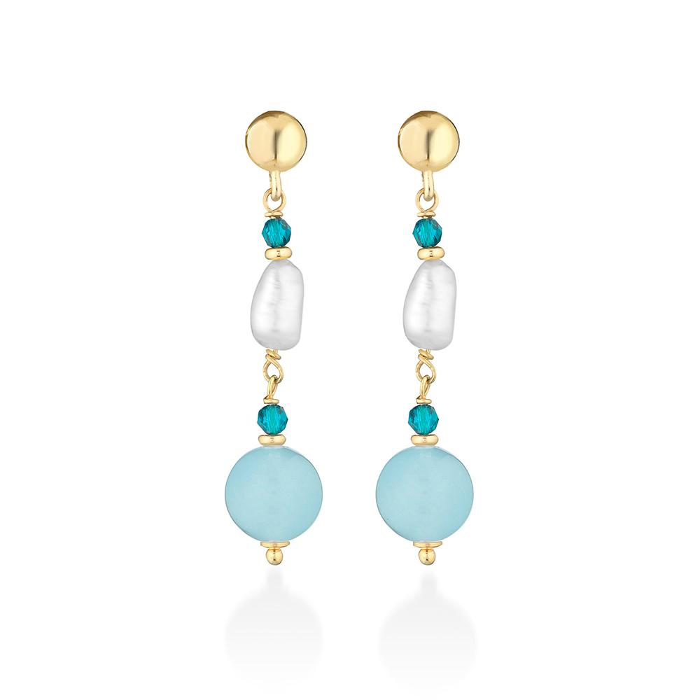 Golden silver earrings, blue crystals, jade pearls - GLAMOUR