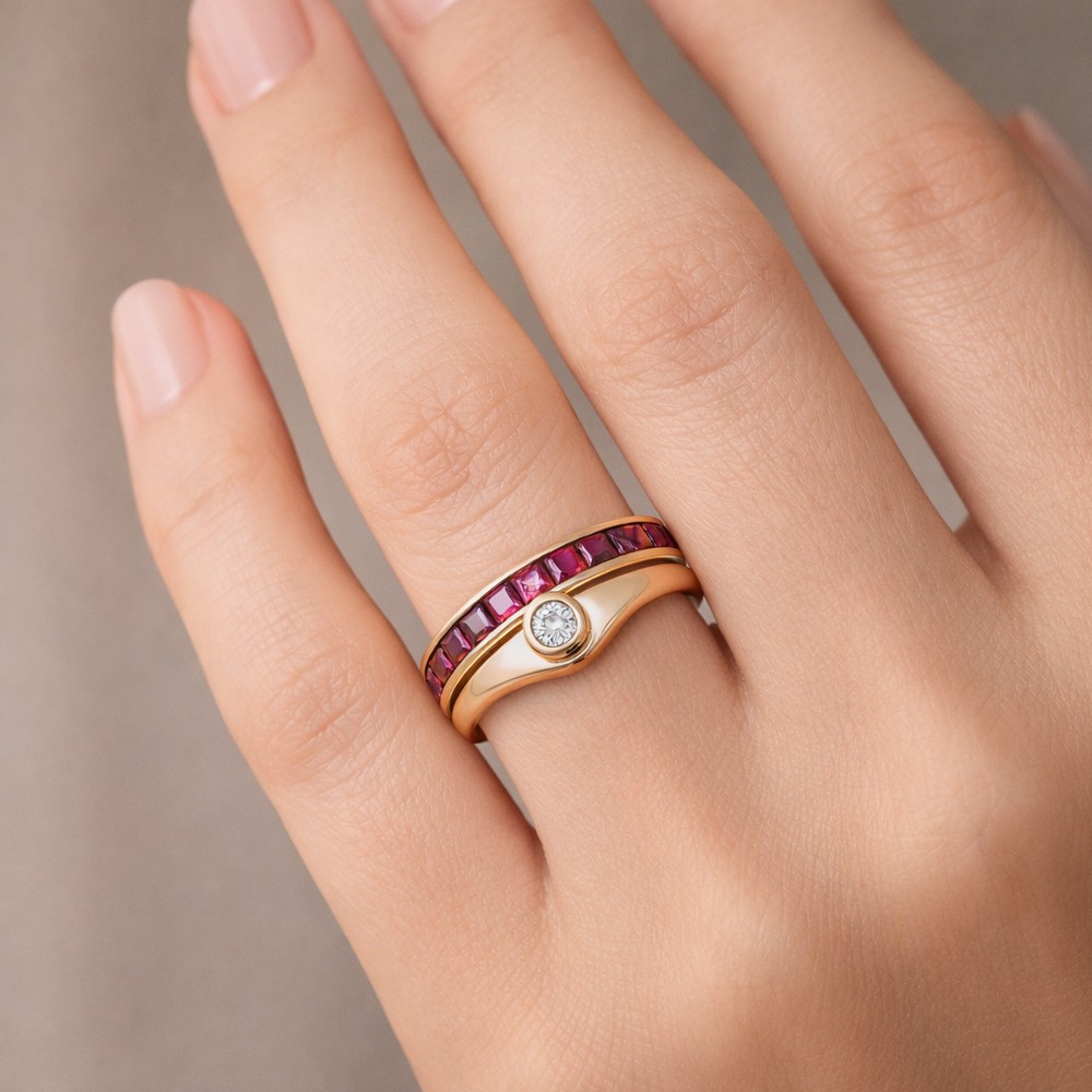 Anello fascia con rubini e diamante solitario - LUSSO ITALIANO