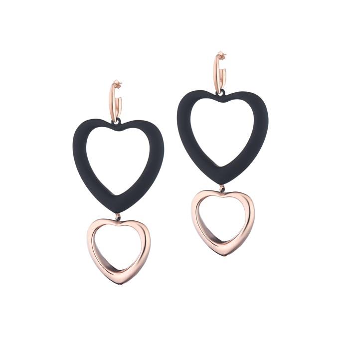 Pendant earrings double heart silver and rubber Black - MARCELLO PANE