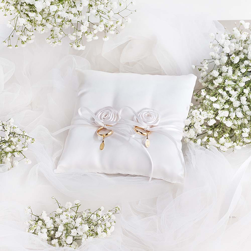 Interior of Wedding Box with satin ring pillow and roses
