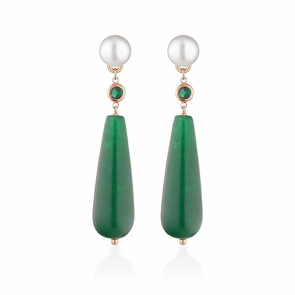 Earrings freshwater pearls pink silver zircon green jade - GLAMOUR