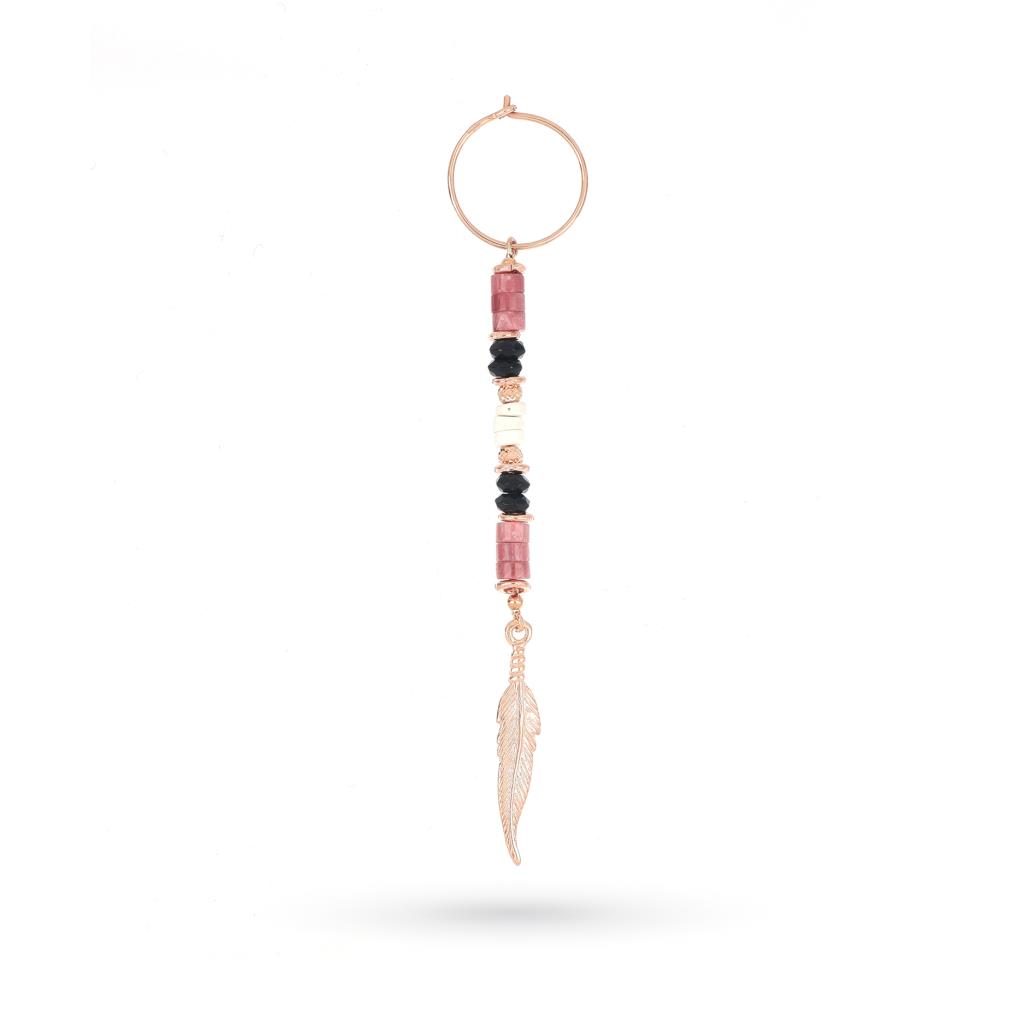 Single hoop earring with stones and feather in pink silver - MAMAN ET SOPHIE