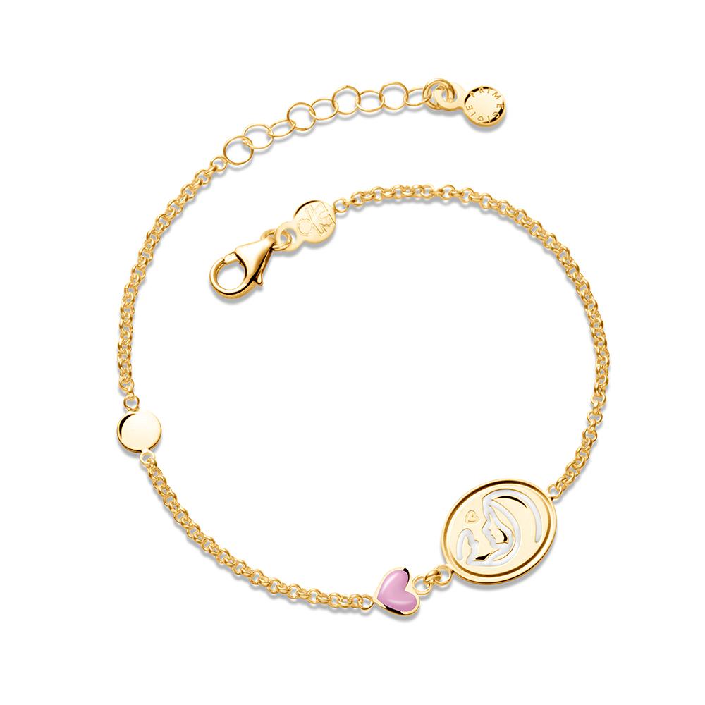 Bracciale in oro giallo con piastrina madonnina e cuore rosa